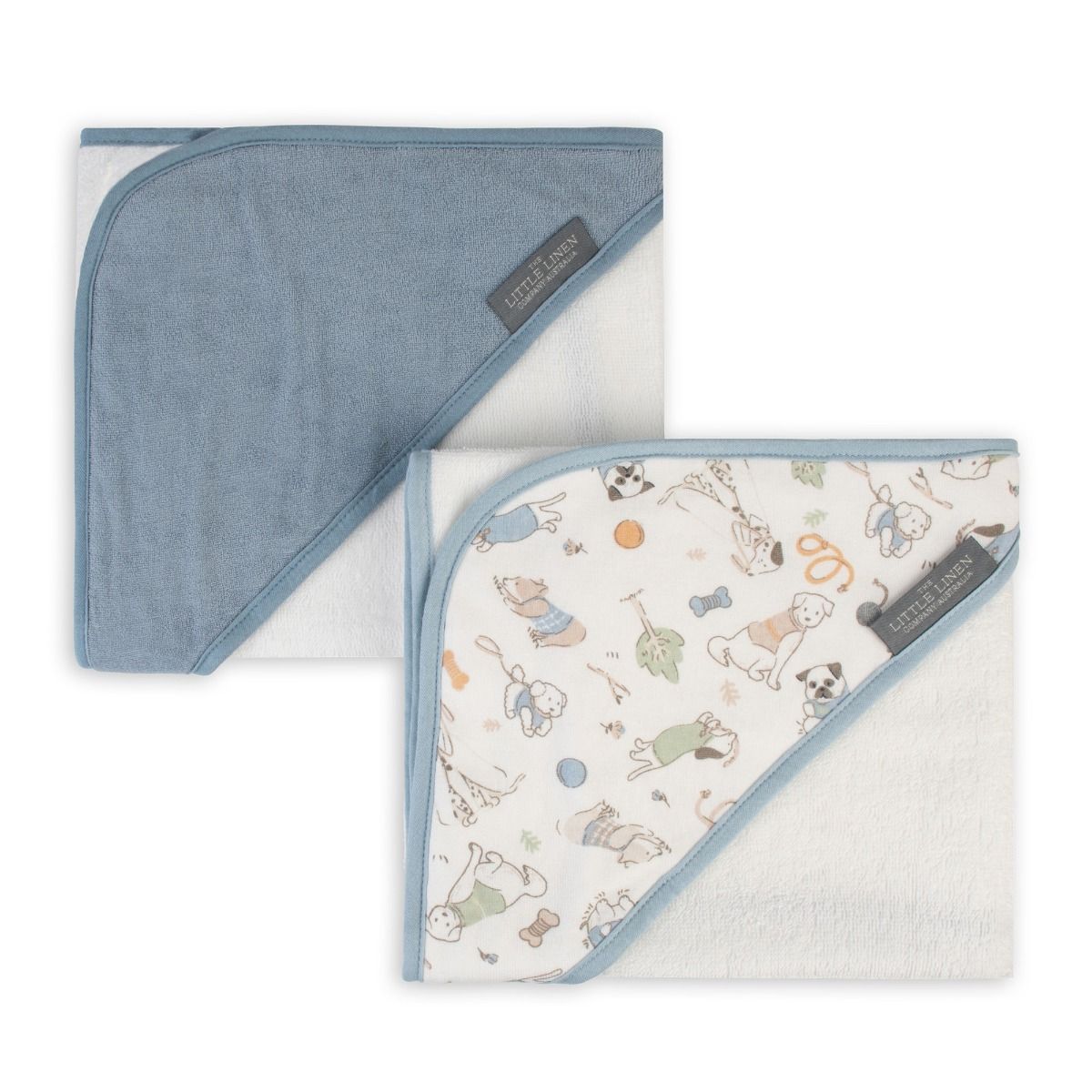 Two hooded baby towels, one blue and one with animal patterns, on a white background.