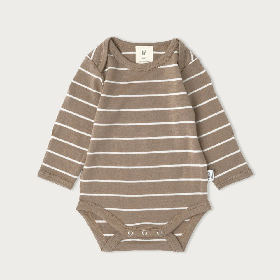BaBu Merino Long Sleeve Bodysuit - Walnut Stripe