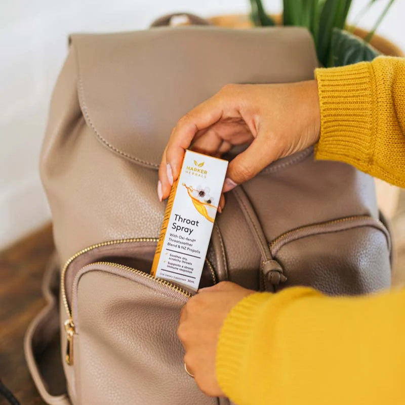 Person holding a bottle of Throat Spray next to a beige backpack on a wooden surface.