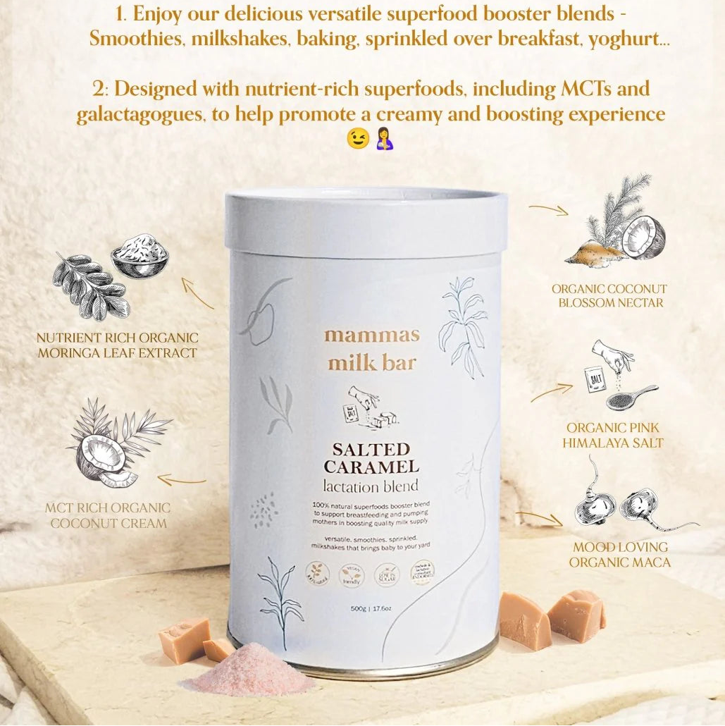 Mamas Milk Bar salted caramel lactation blend container with product details on a light background