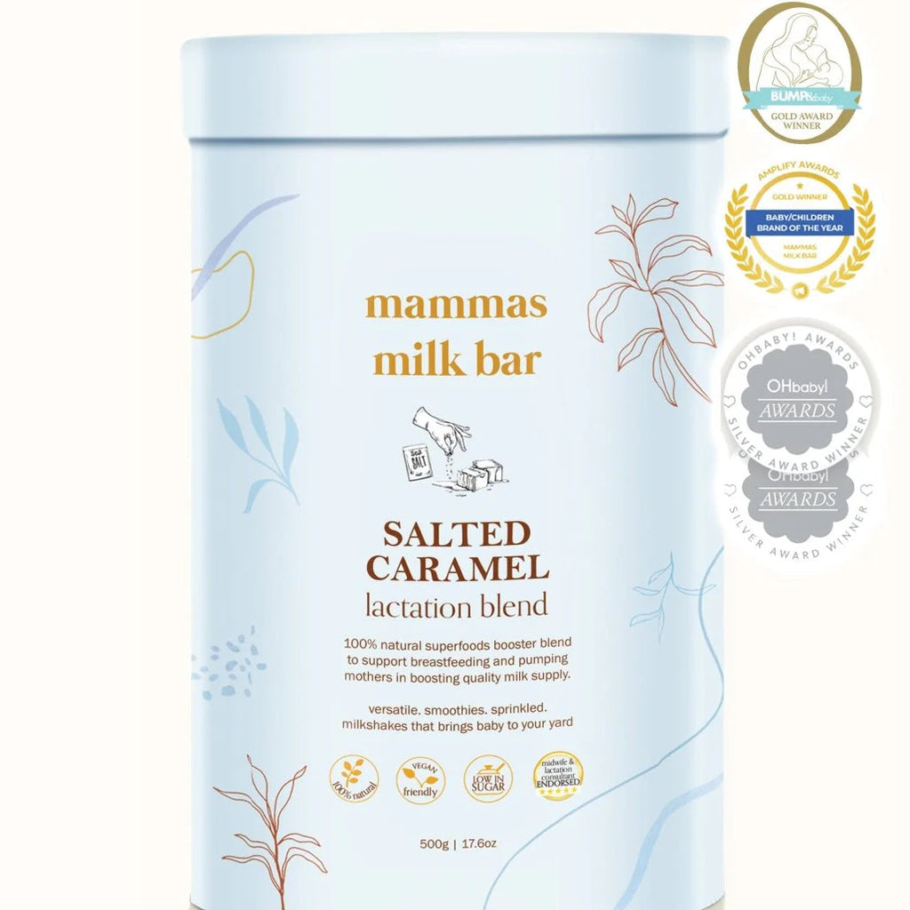 Mammas Milk Bar Salted Caramel lactation blend container on a white background