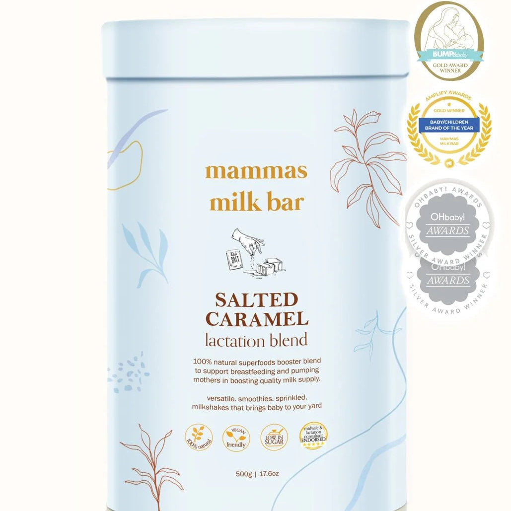Mammas Milk Bar Salted Caramel lactation blend container on a white background