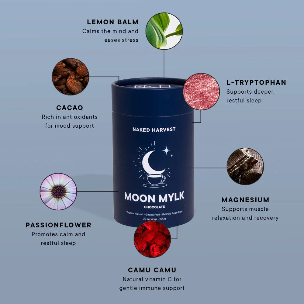 Naked Harvest Moon Mylk container with ingredient labels on a blue background