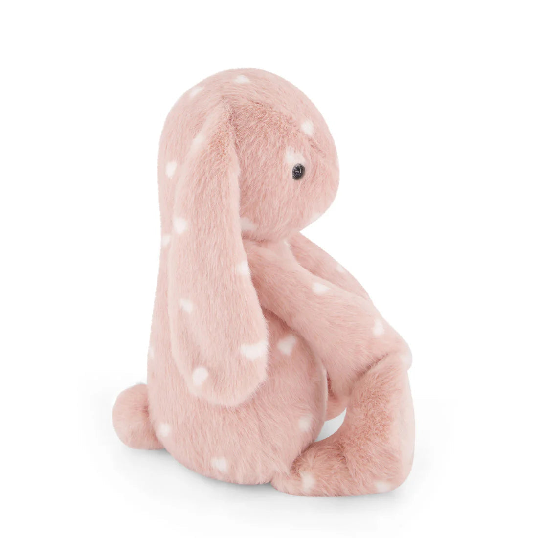 Plush toy rabbit with polka dot pattern on a white background