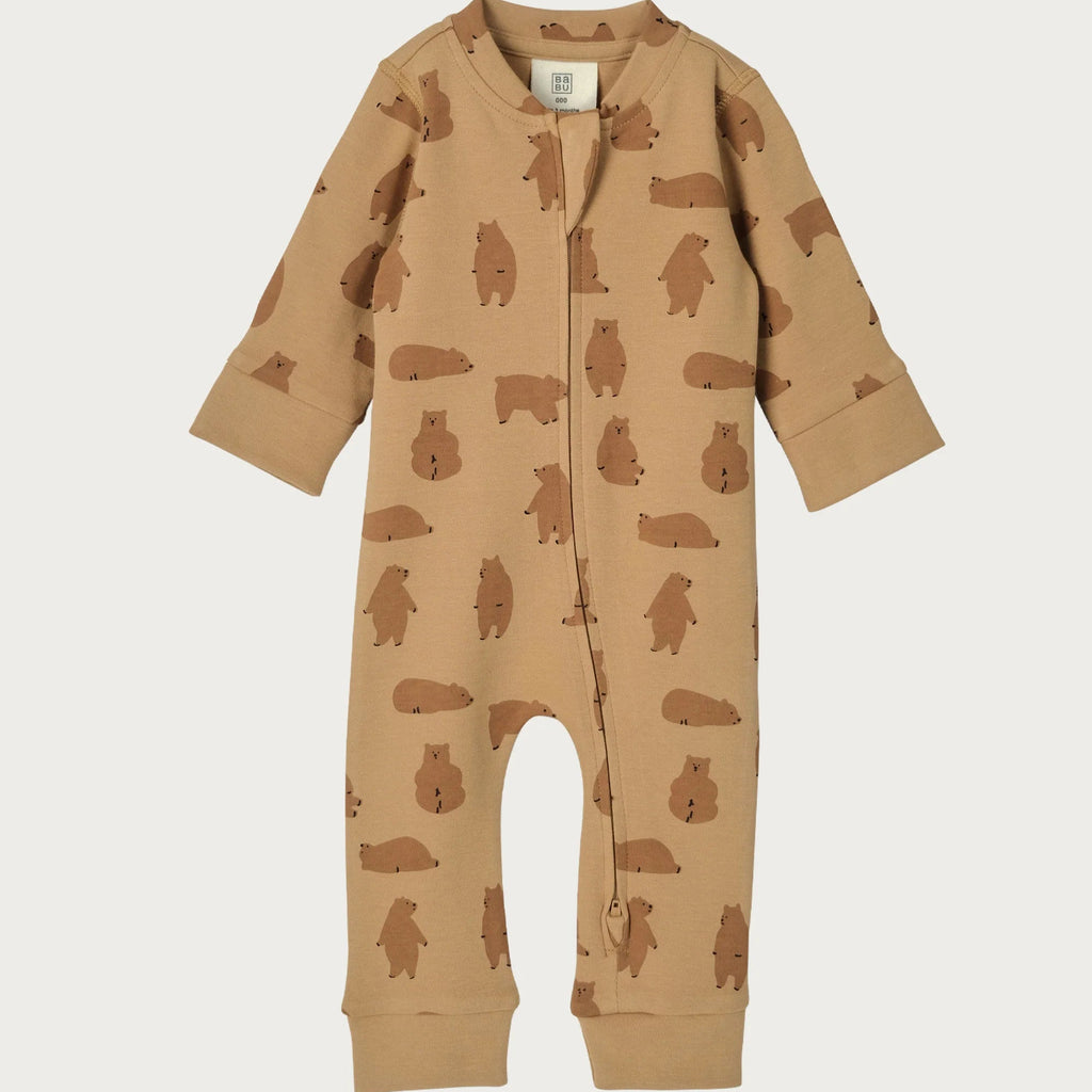 Brown baby onesie with bear pattern on a white background