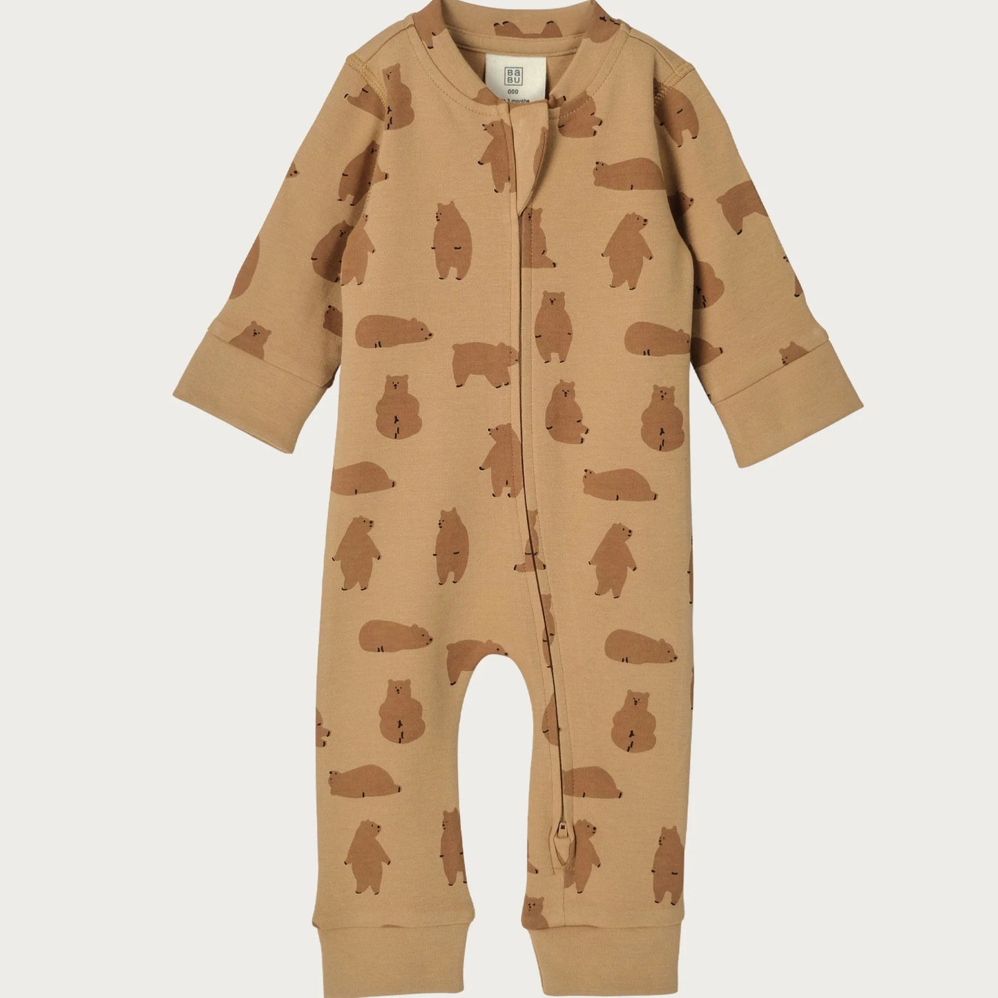 Brown baby onesie with bear pattern on a white background
