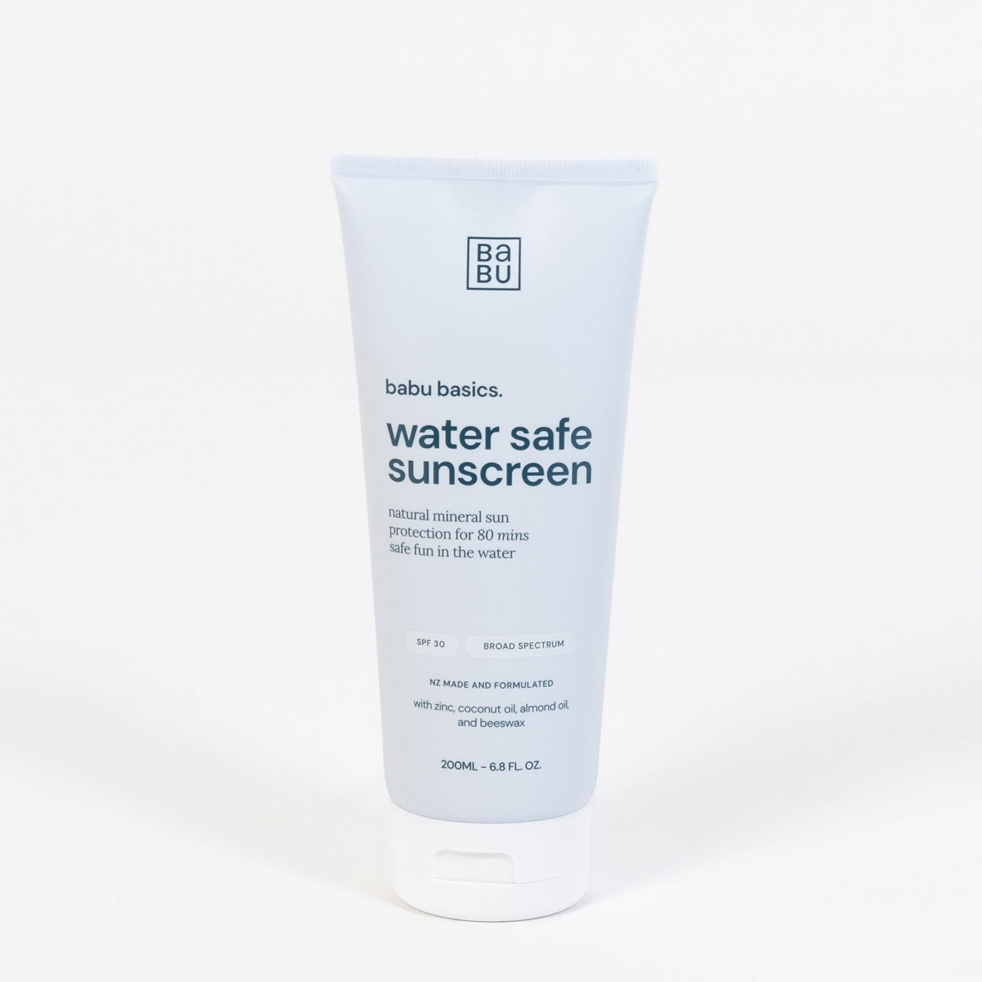 Babu Basics water safe sunscreen tube on a white background