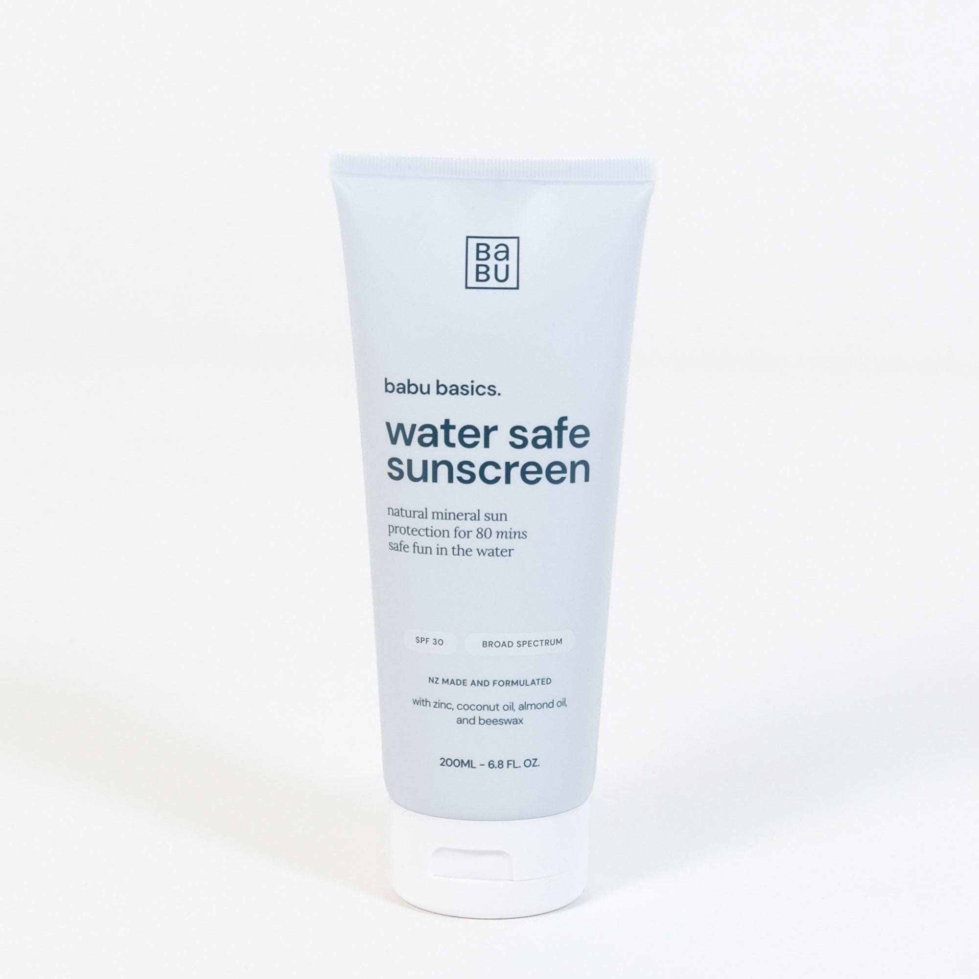 Babu Basics water safe sunscreen tube on a white background