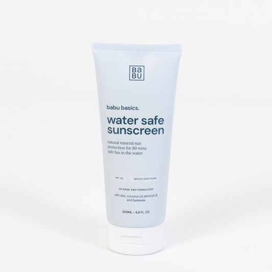 Babu Basics water safe sunscreen tube on a white background