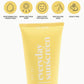 Yellow tube of sunscreen with icons and text on a white background
