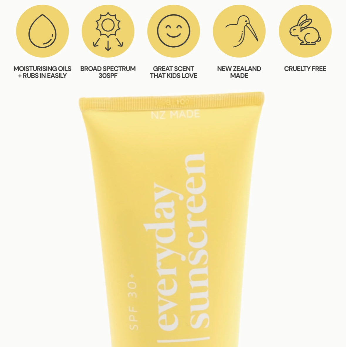 Yellow tube of sunscreen with icons and text on a white background