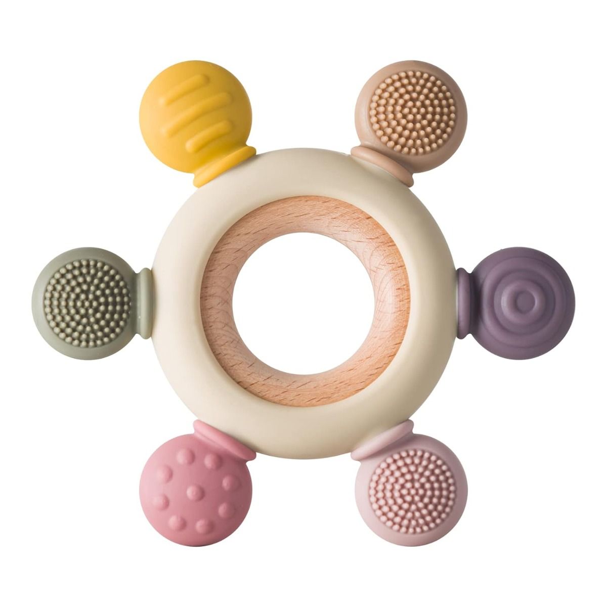 Colorful baby teething ring with various textured sides on a white background