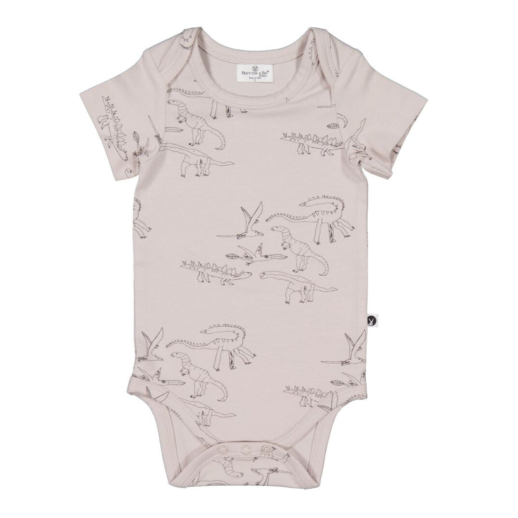 Baby bodysuit with dinosaur print on a white background