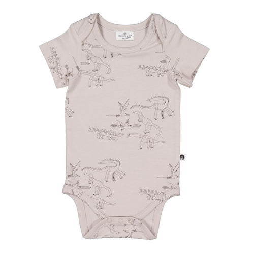 Baby bodysuit with dinosaur print on a white background