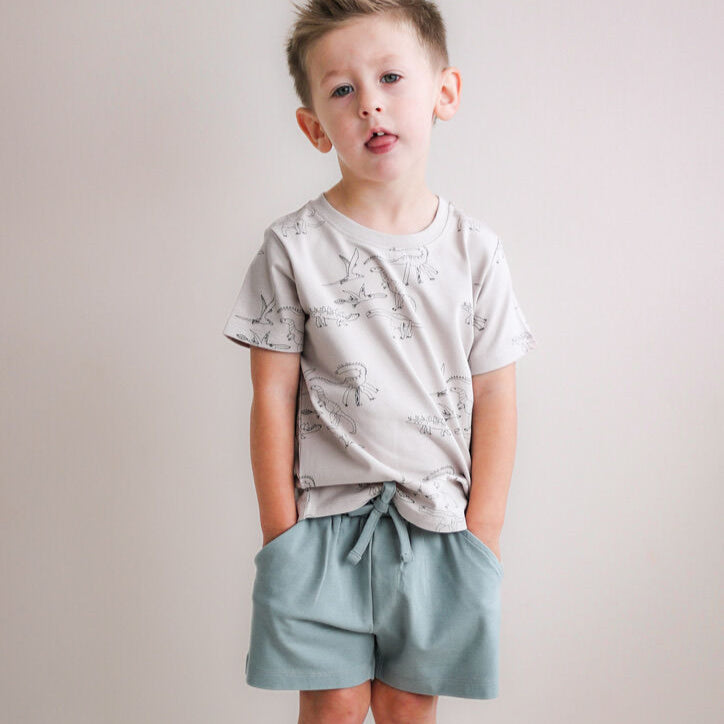 Young child wearing a light gray shirt and green shorts against a plain background