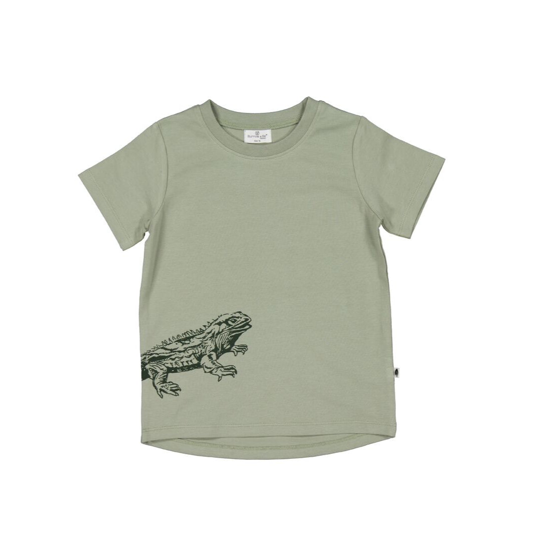 Green t-shirt with a graphic design on a white background