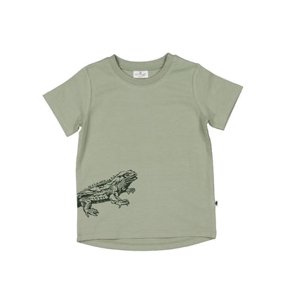 Green t-shirt with a graphic design on a white background