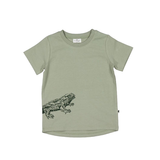Green t-shirt with a graphic design on a white background