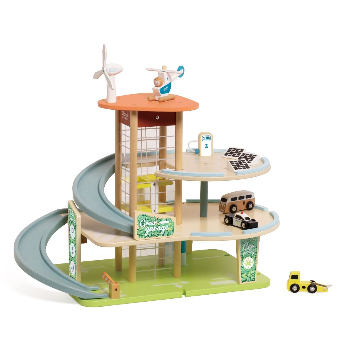 Toy garage model with buildings, cars, and a helicopter on a white background