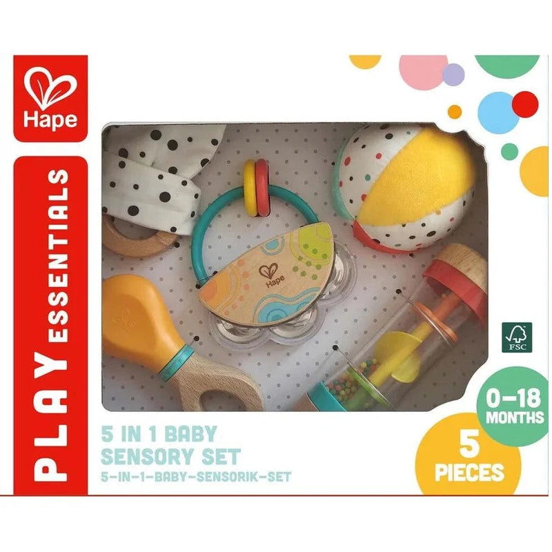 Hape 5-in-1 baby sensory set packaging on a white background