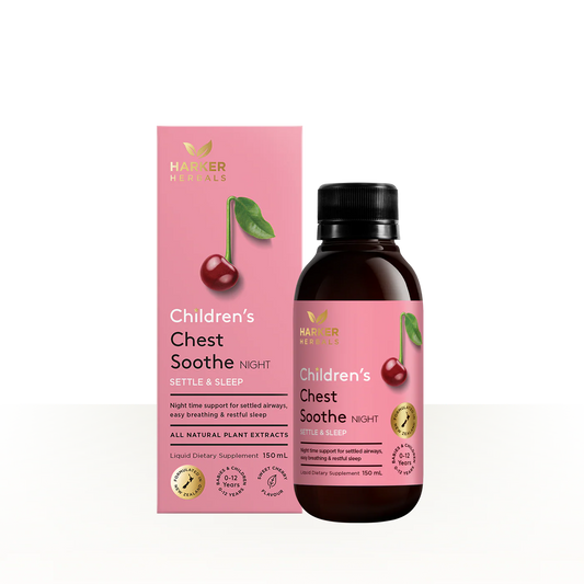 Children's Chest Soothe Night supplement bottle and packaging on a white background