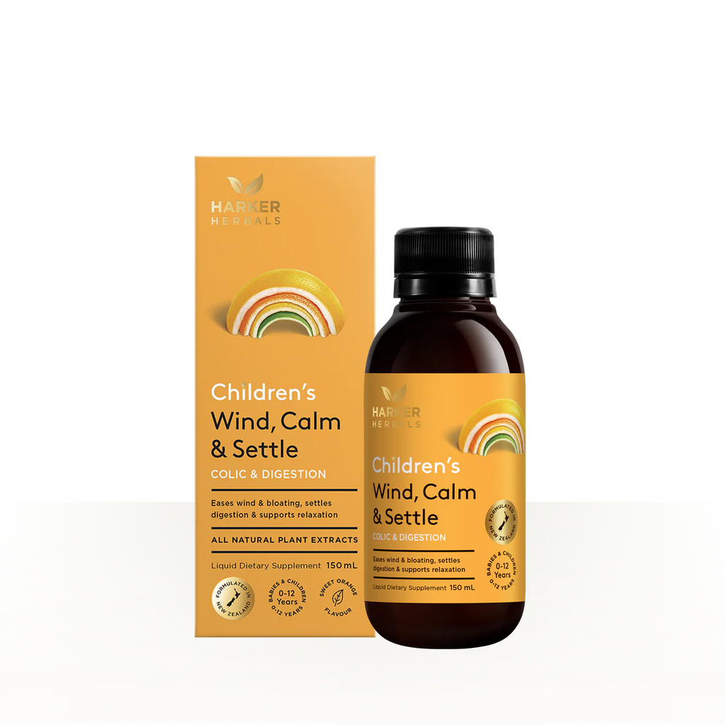 Harmer Naturals Children's Wind, Calm & Settle supplement bottle and packaging on a white background