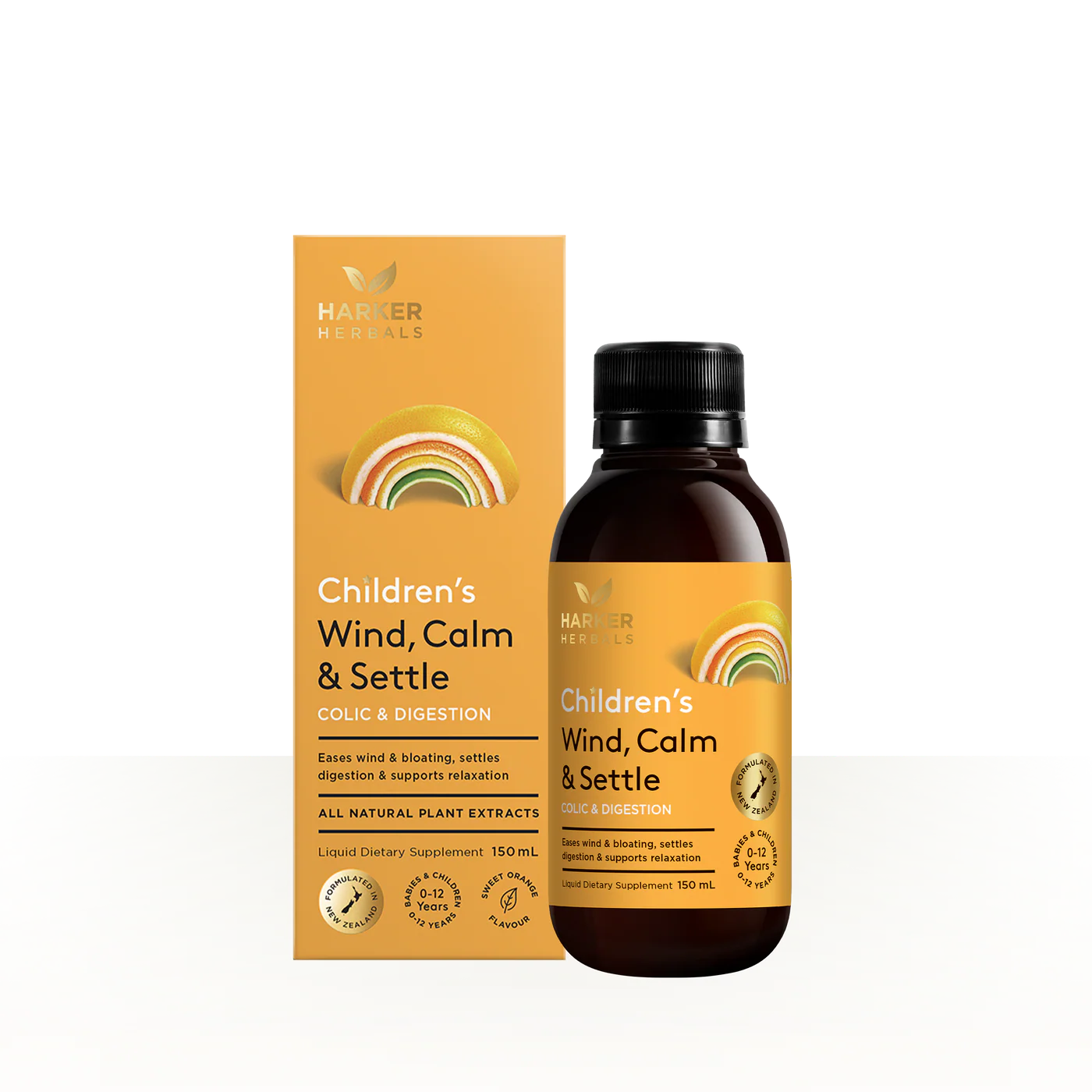 Harmer Naturals Children's Wind, Calm & Settle supplement bottle and packaging on a white background