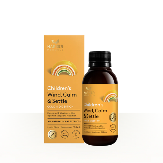 Harmer Naturals Children's Wind, Calm & Settle supplement bottle and packaging on a white background