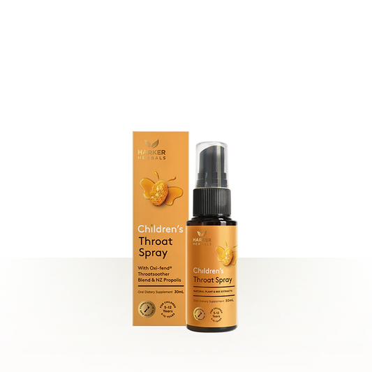 Children's throat spray bottle and packaging on a white background