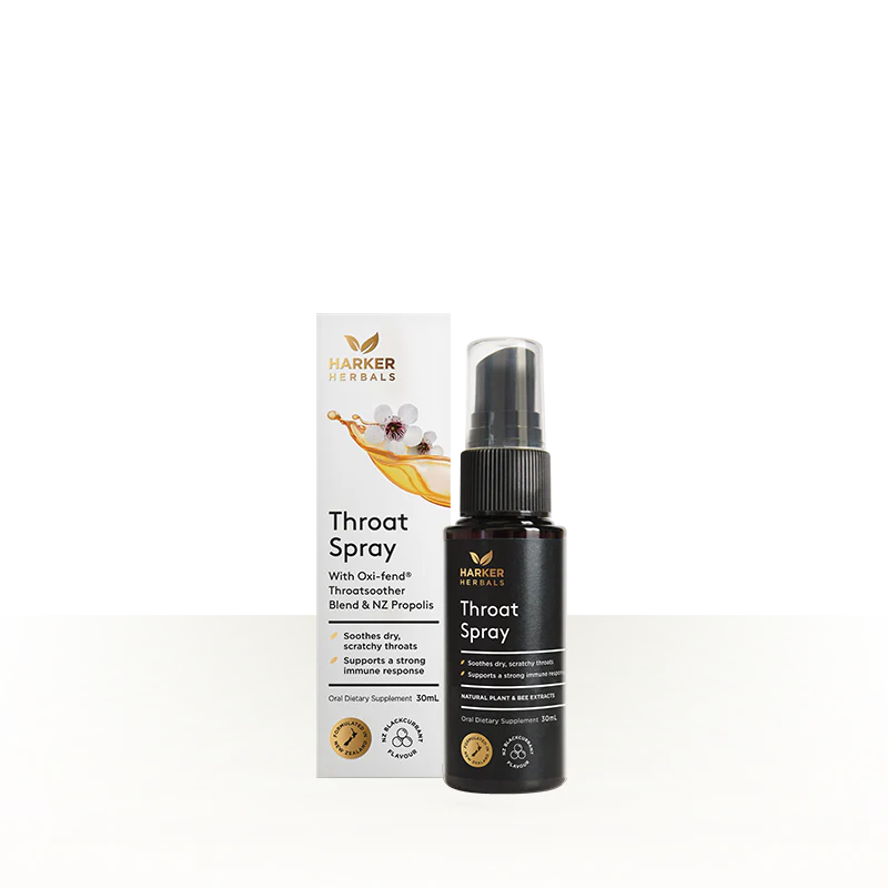 Harker Herbals Throat Spray bottle and packaging on a white background