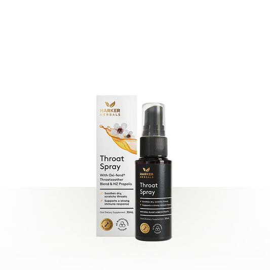 Harker Herbals Throat Spray bottle and packaging on a white background