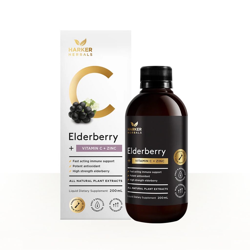 Harker Herbs Elderberry + Vitamin C + Zinc supplement bottle and packaging on a white background