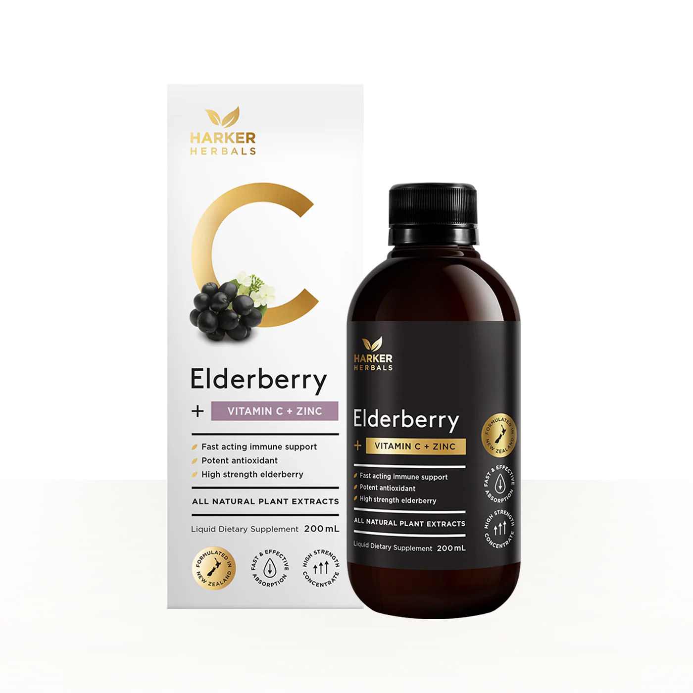 Harker Herbs Elderberry + Vitamin C + Zinc supplement bottle and packaging on a white background