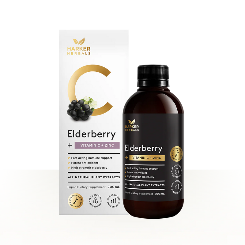 Harker Herbs Elderberry + Vitamin C + Zinc supplement bottle and packaging on a white background