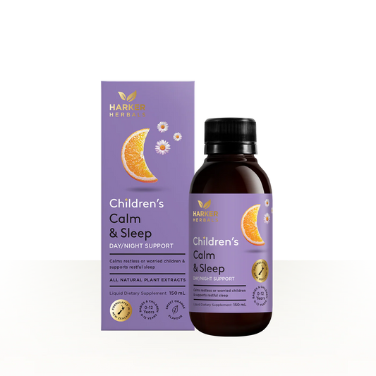 Harkins Herbs Children's Calm & Sleep supplement bottle and packaging on a white background