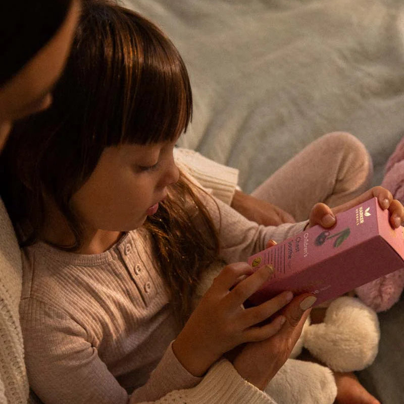 Two people sitting together, one holding a chest soothe night box with a child looking at it.