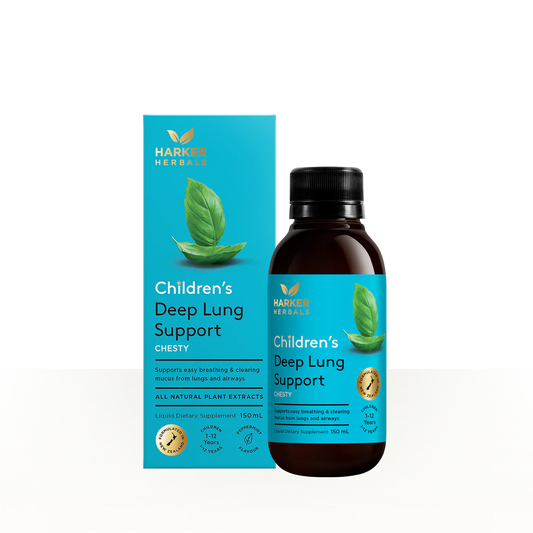 Children's Deep Lung Support product by Harker Herbs with bottle and packaging on a white background