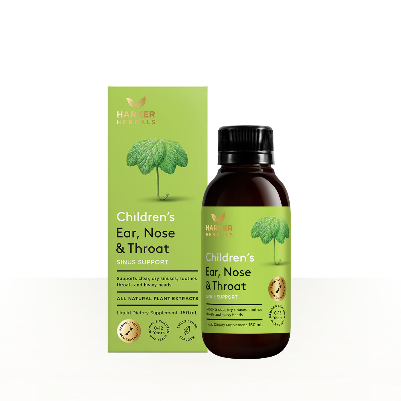 Children's Ear, Nose & Throat support product with green box and bottle on a white background