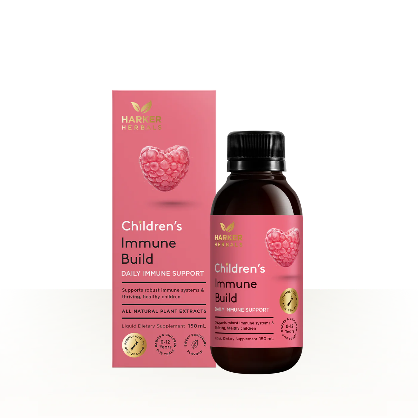 Harmer Herbals Children's Immune Build supplement bottle and packaging on a white background