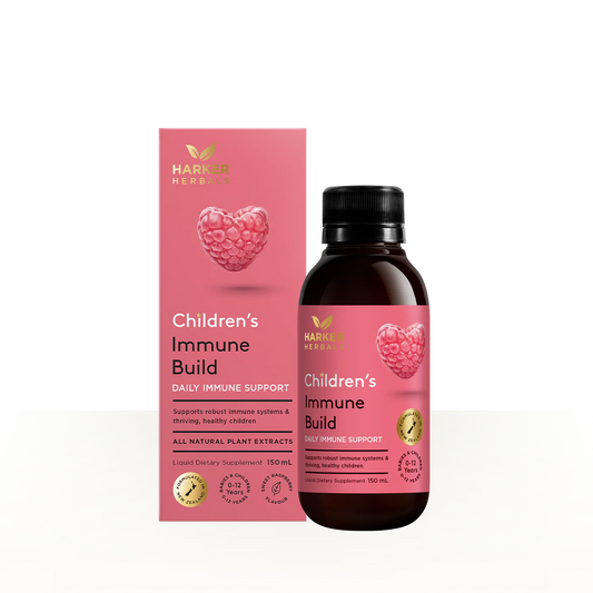 Harmer Herbals Children's Immune Build supplement bottle and packaging on a white background