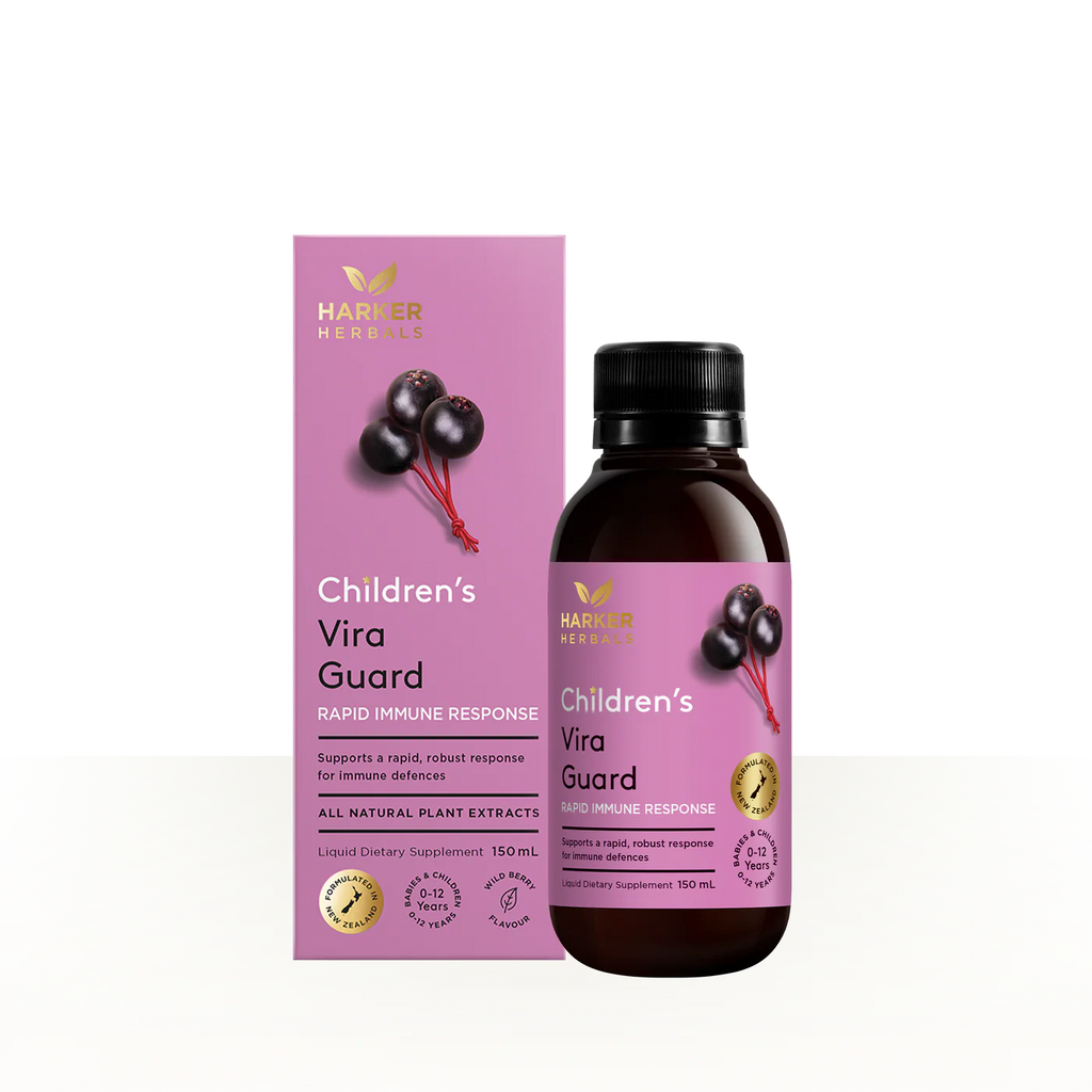 Children's Vira Guard supplement bottle and packaging on a white background