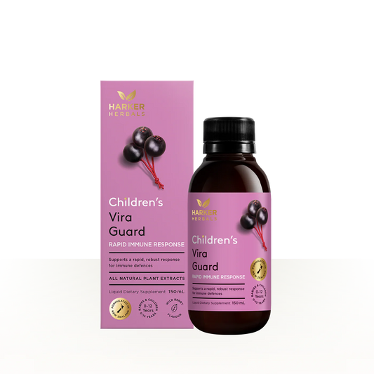 Children's Vira Guard supplement bottle and packaging on a white background