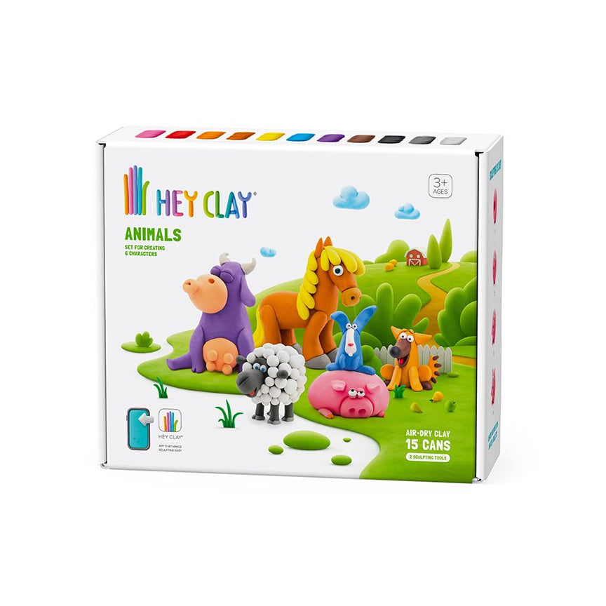 Hey Clay Animals playset packaging with colorful clay figures on a white background