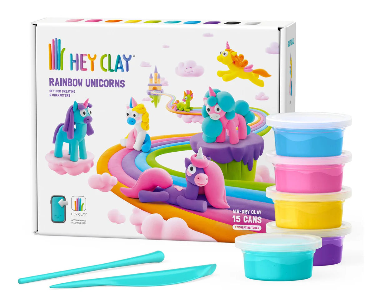 Hey Clay Rainbow Unicorns playset with packaging and air-dry clay containers on a white background