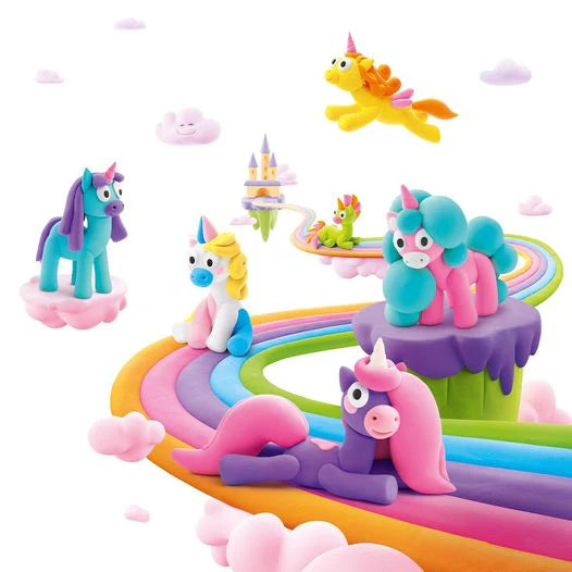 Colourful unicorn figurines on a rainbow path with a castle in the background