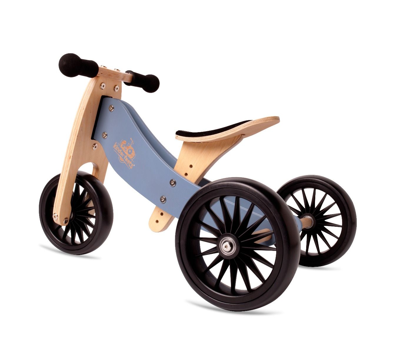 Children's balance bike with wooden frame and blue seat on a white background