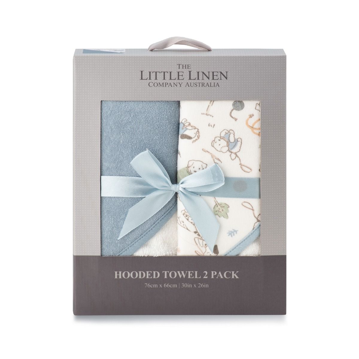 Packaged hooded towels from The Little Linen Company Australia with a bow.
