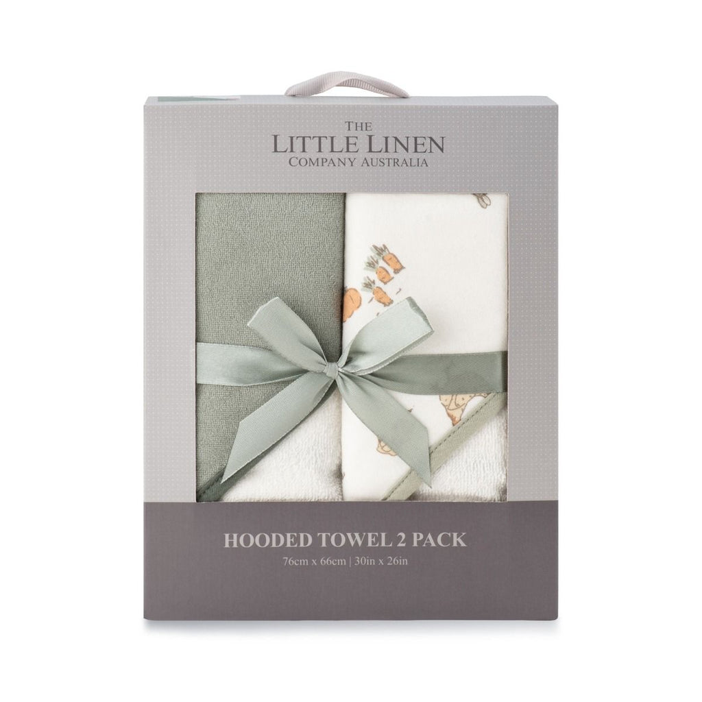 Packaged hooded towel set from The Little Linen Company Australia with a bow.