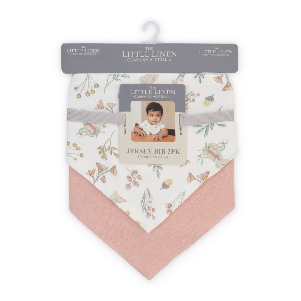 Packaged jersey bibs with floral pattern and pink trim, featuring 'The Little Linen Company Australia' branding.