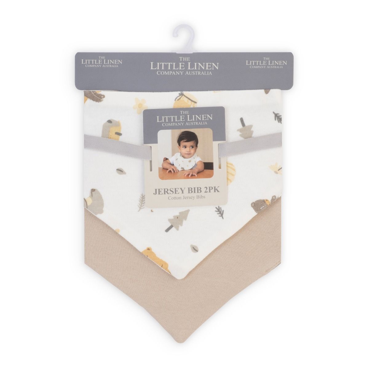 Packaged jersey bibs with Little Linen Company branding on a white background